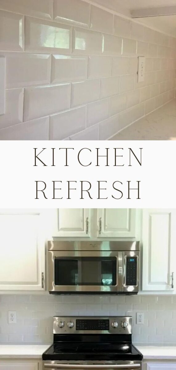 Kitchen refresh ideas, white painted cabinets, new appliances, tile backsplash and new countertop