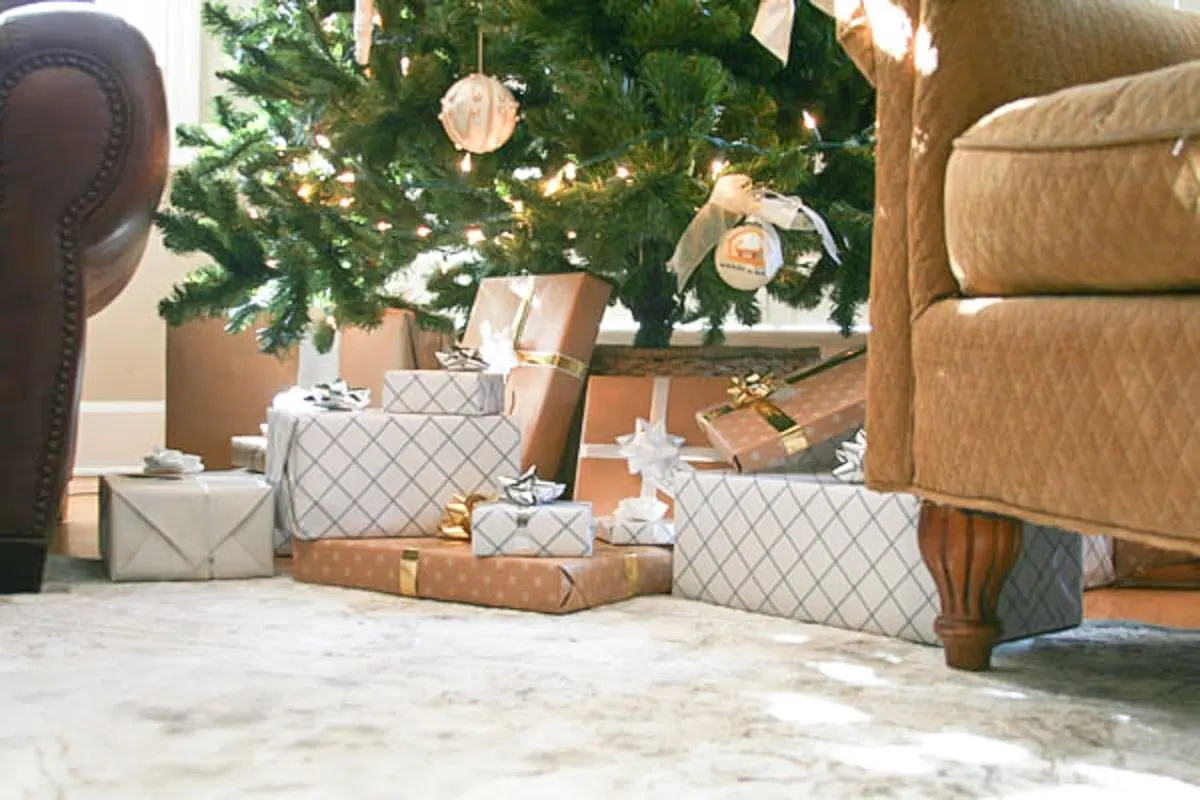 Gold, white and brown gift wrapping idea and McDonald's Christmas Home Tour