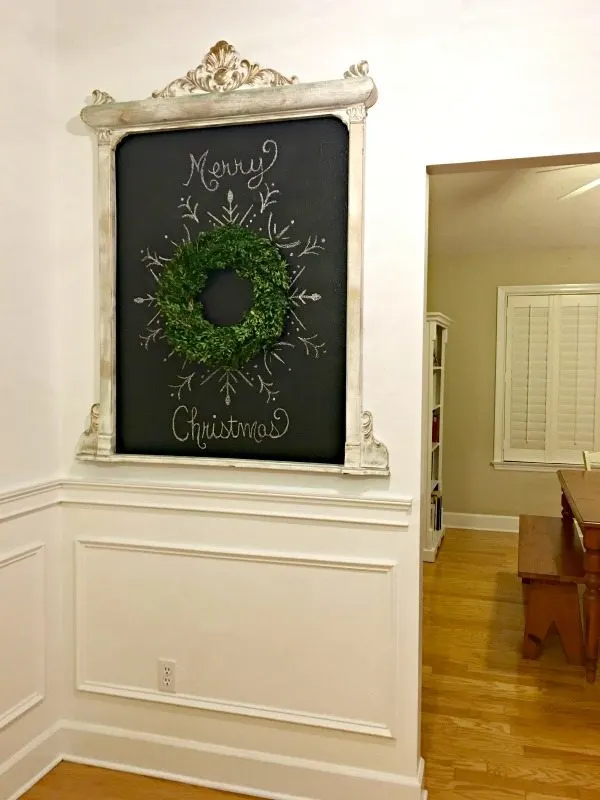 Boxwood Christmas Wreath decoration idea on a antique chalkbaord