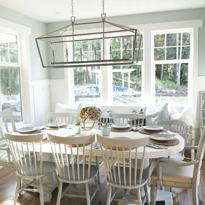 Sea Salt paint color by Sherwin Williams on wall in breakfast nook