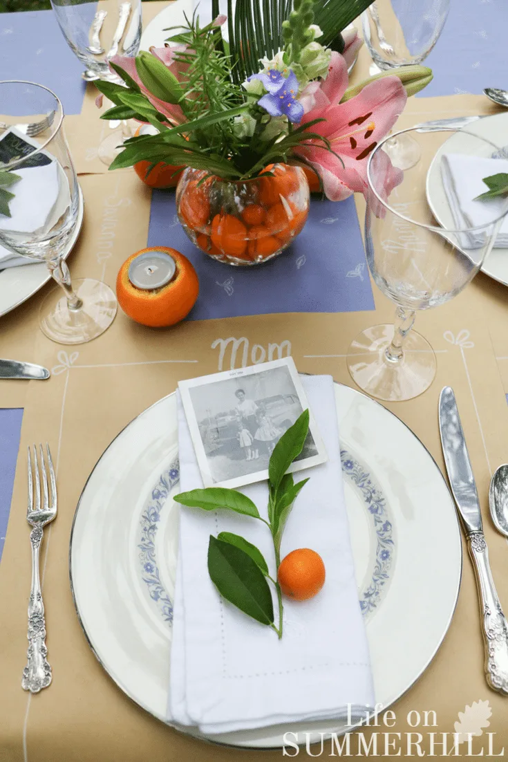Mothers day tablescape idea place setting with old photo