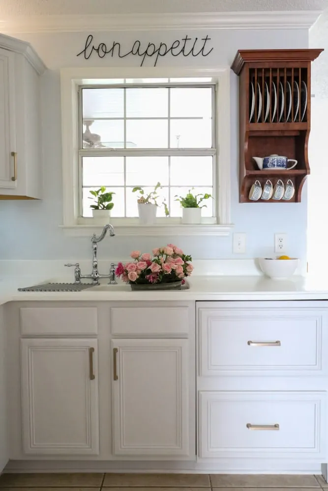 Sherwin Williams kitchen cabinet paint color First Star in farmhouse kitchen