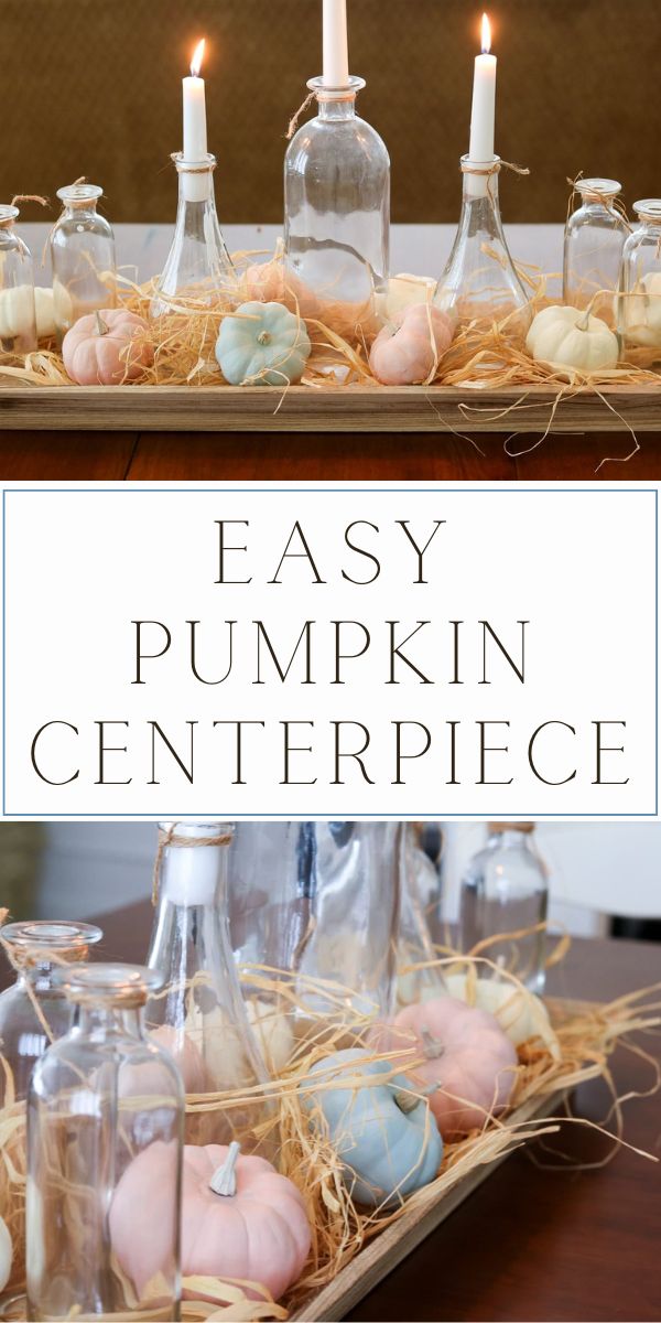 Easy pumpkin centerpiece with pastel painted mini pumpkins, raffia, bottles and candles.