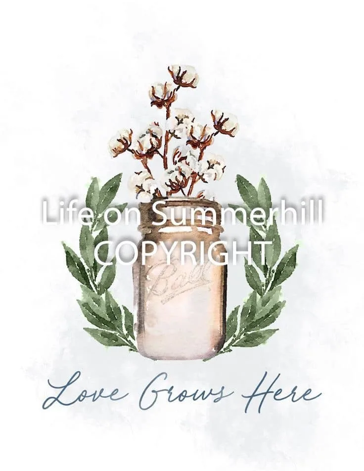 Love Grows Here fall free printable with gold mason jar, cotton stems, leaves
