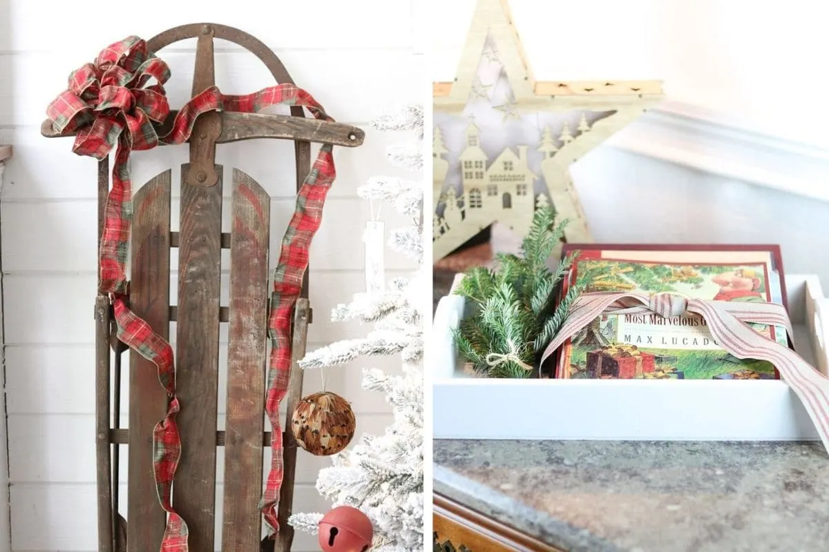 Decorating with old Christmas decoration like sled and books