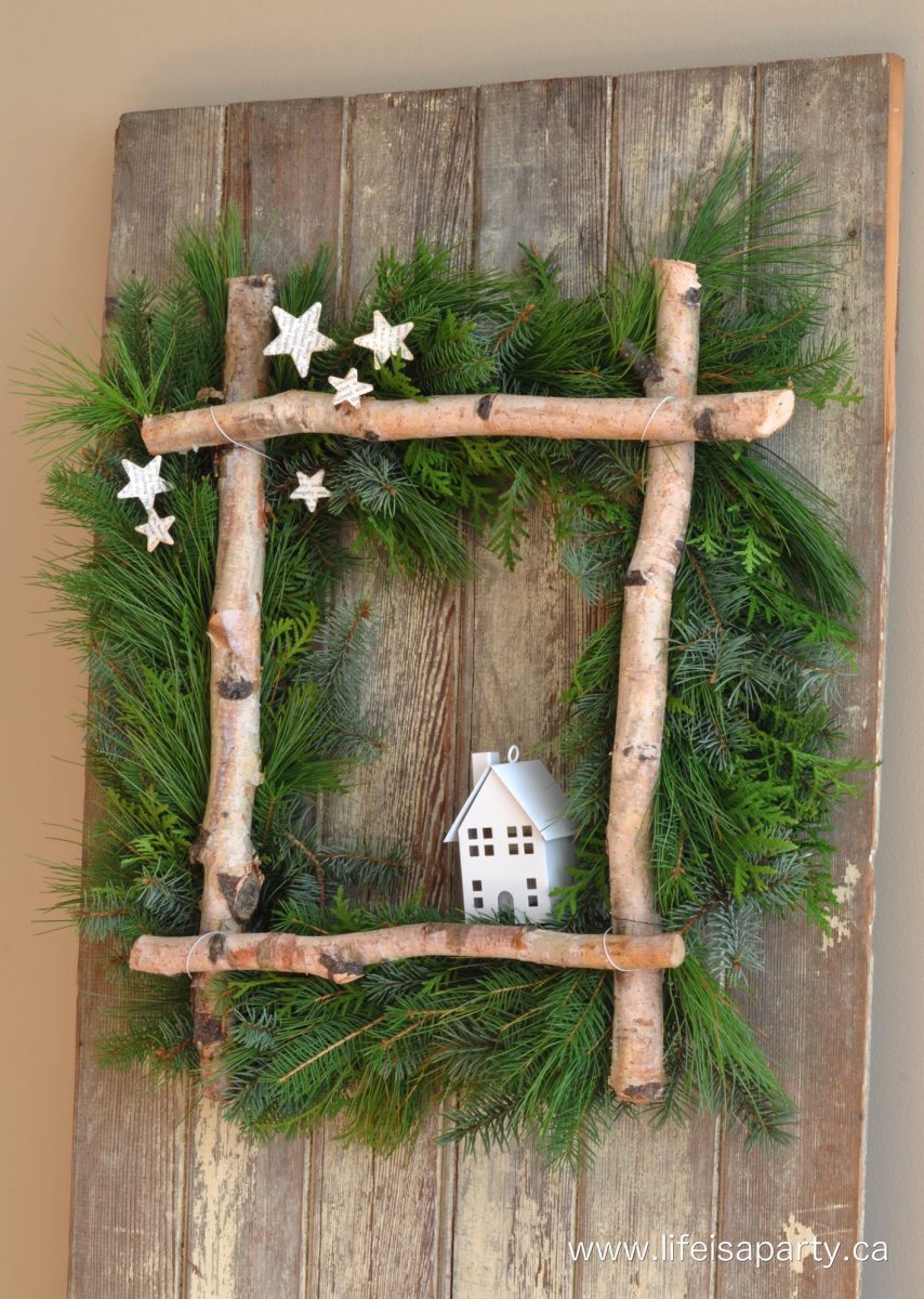 Holiday Wreath idea of branches, sticks, stars and a house