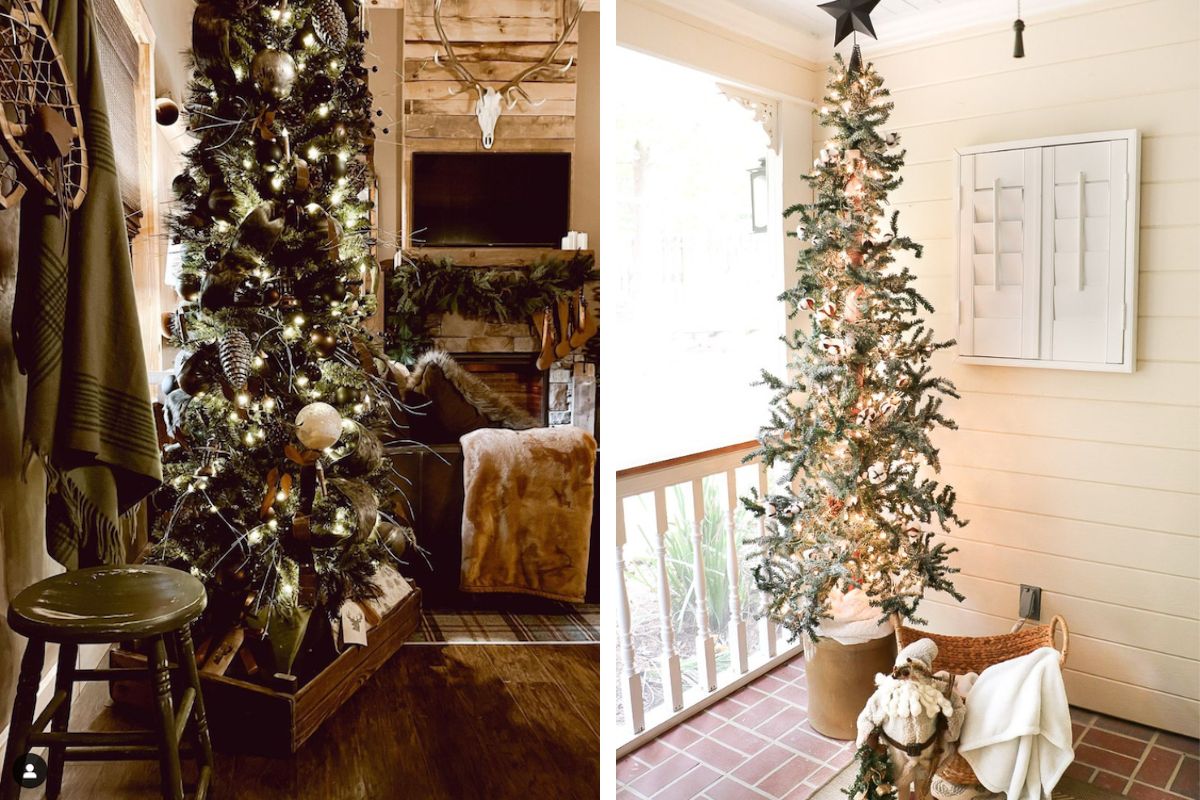 woodland christmas tree ideas featuring a rustic porch tree and a natural forest-themed tree with pinecones and woodland ornaments