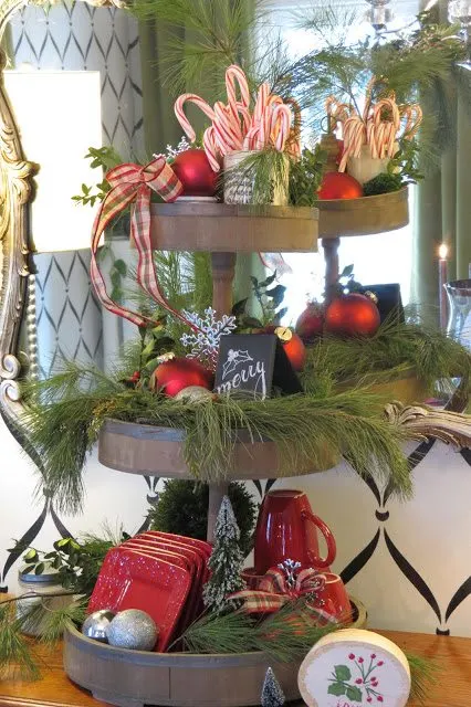 Dining room Christmas tiered tray decor by While I Linger
