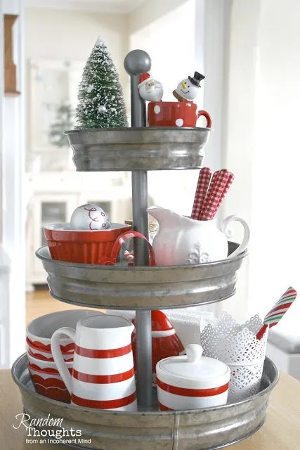 Bottle brush tree red and white holiday tiered tray by Random Thoughts Home