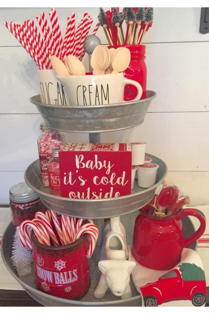 Red and white Christmas tiered tray by The Cozy Farmhouse