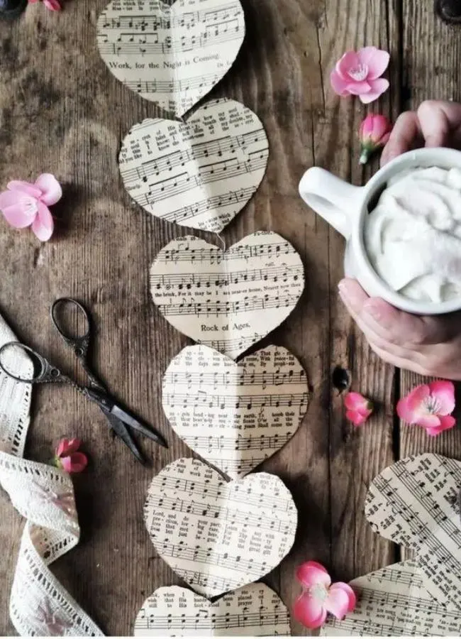 One of many Valentine banner ideas.  This one is  sheet music cut into hearts.