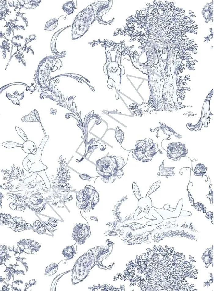 Blue and white toile pattern with scrolls, tree, birds and bunnies playing and swinging free printable.