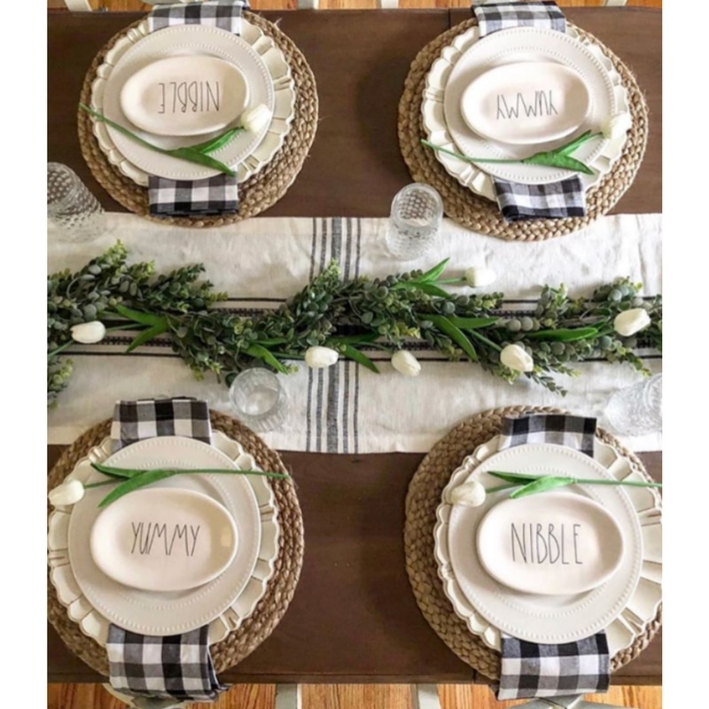 Easter Tablescape using Rae Dunn places, tulips and farmhouse runner by Twisted Cotton Farmhouse