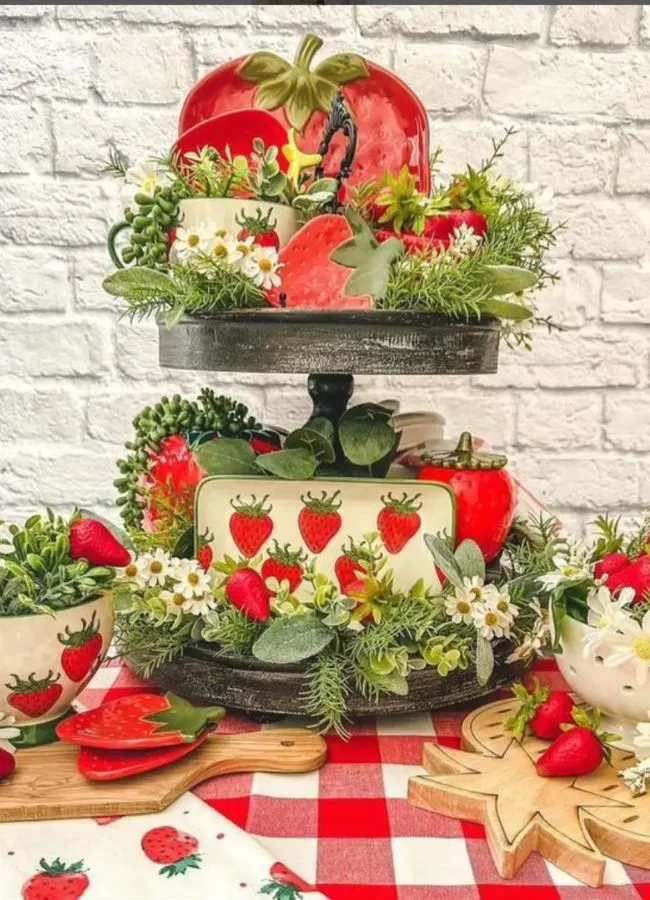 Summer tiered tray decor using strawberries