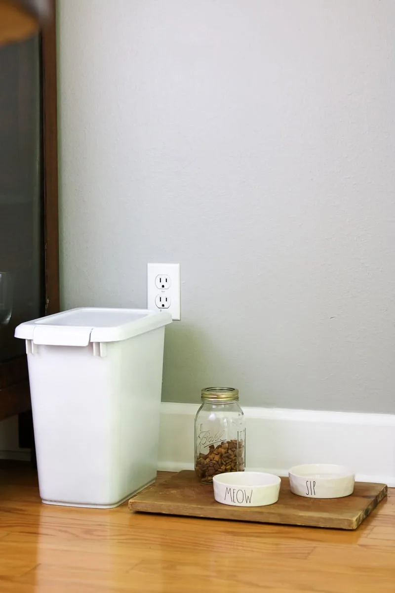 Pet bar station idea plastic storage container, rae dunn bowls and mason jar treat canister