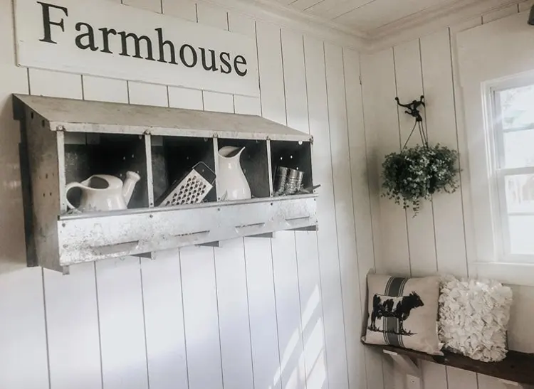 Chicken Nesting Boxes by Seffrin Southern Comfort with the perfect farmhouse decor displayed on a shiplap wall