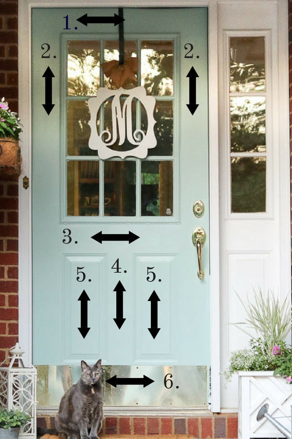 how to paint a front door without removing it.  Showing step by step direction on where to begin when painting the door and what direction to run the brush.