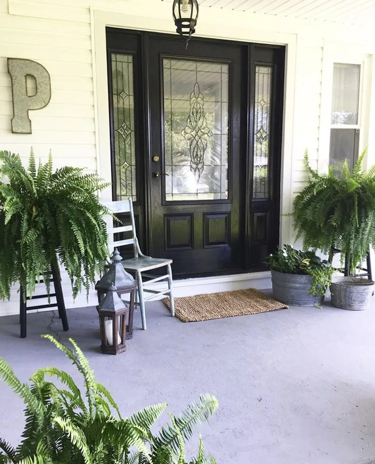 Modern Front Doors by Two Hens Styling And Design with a black front door with windows in and beside door on a white home and a metal P monogram letter