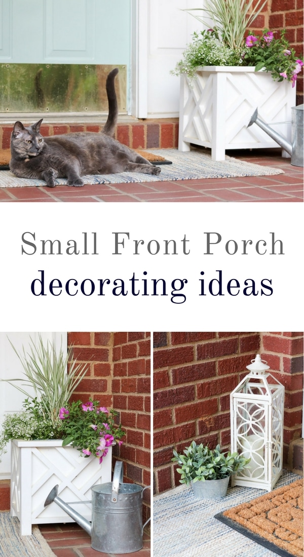 small front porch decorating ideas using lanterns, watering can, small plant, flowers and more.