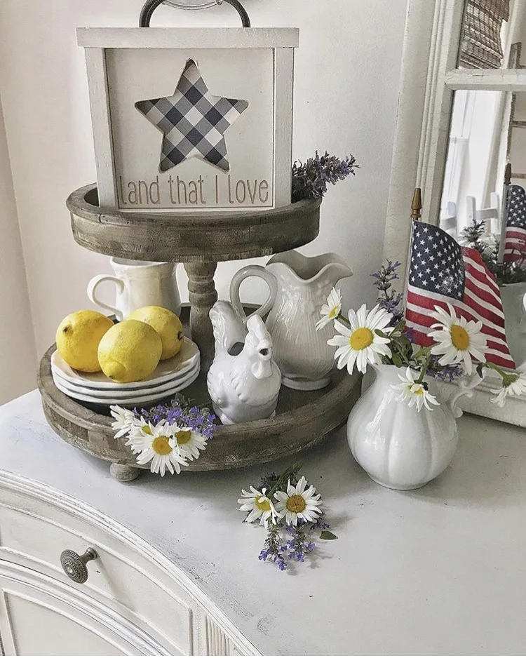 Gingham star sign on a patriotic farmhouse tiered tray