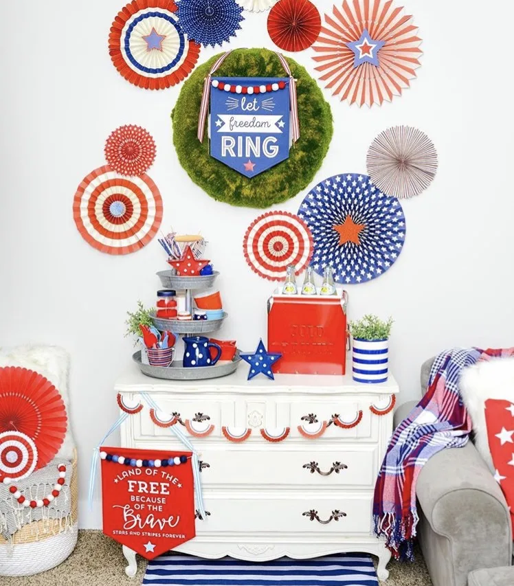 Decorate a party with a red, white and blue tiered tray
