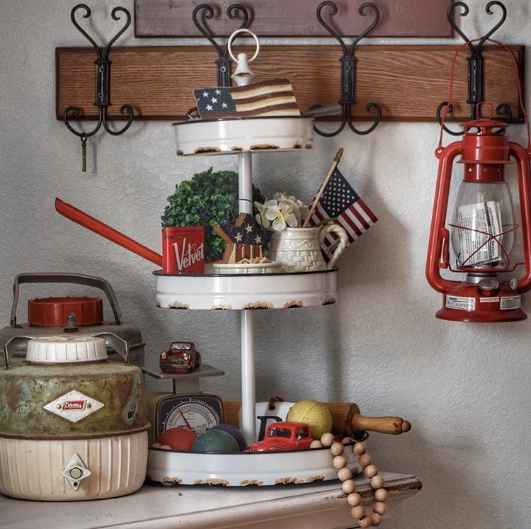 Antiques on a patriotic tiered tray