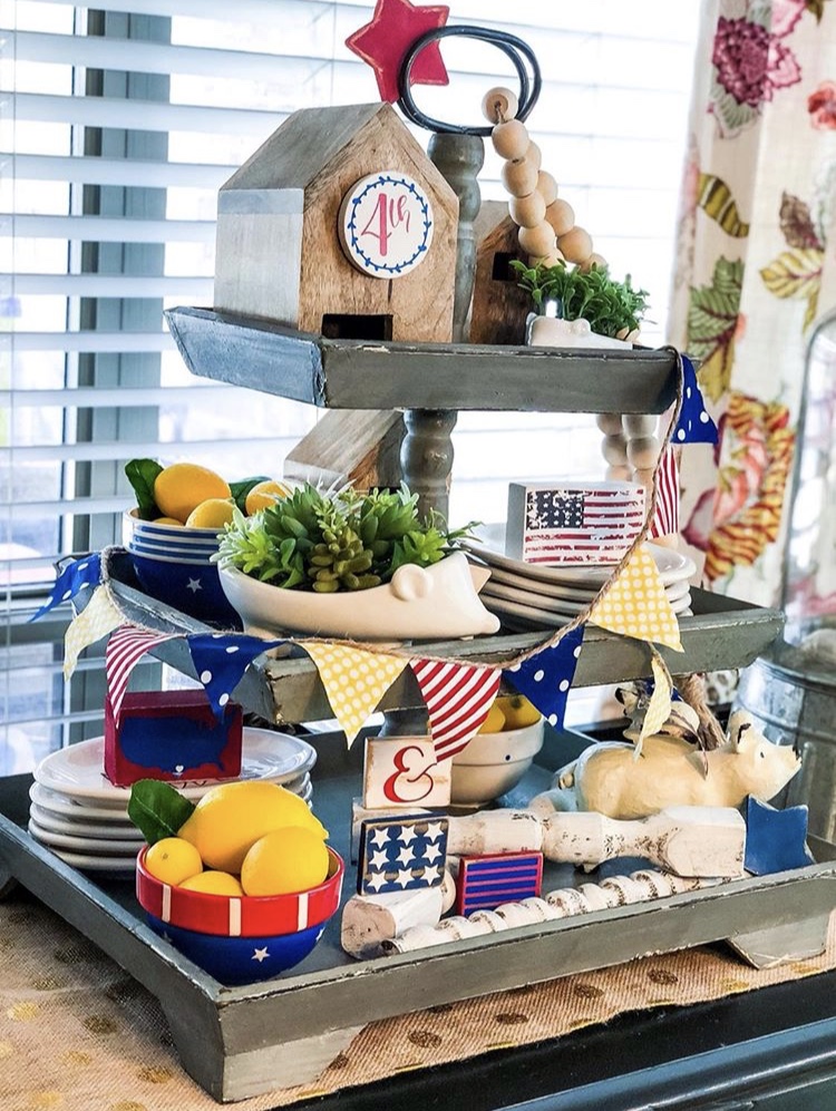 Red, white and blue decoration ideas on a patriotic tiered tray