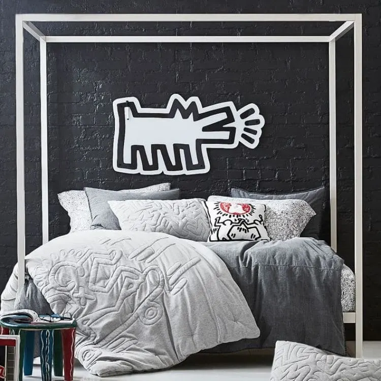 College dorm essentials for guys with a Keith Haring Art inspired room and graffiti theme.