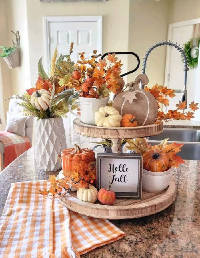 Autumn tiered tray with a orange and white color scheme