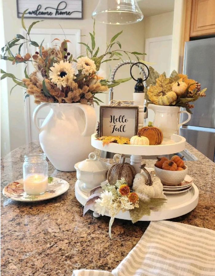 Neutral and orange fall tiered tray decor ideas