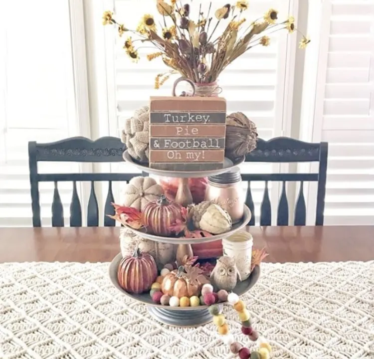 Fall Decor galvanized metal tiered tray by Stager Roz. Loads of ideas on this tray from pumpkins, acorns, felt beads, flowers, mason jars and best of all a sign reminding us what makes autumn time the best, Thanksgivings turkey, pie, football and more.