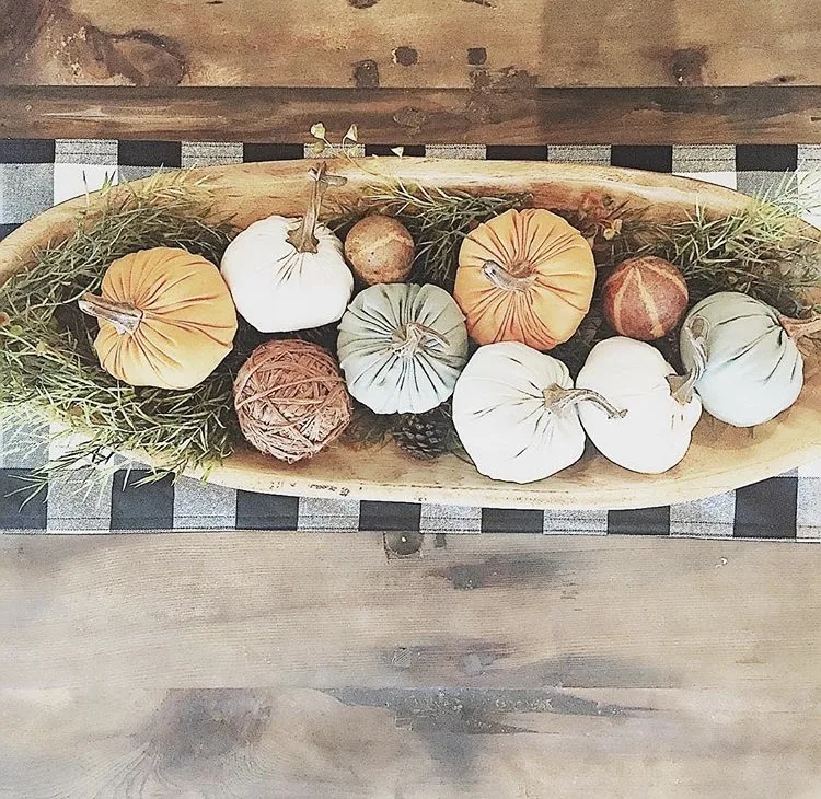 Decorating with dough bowls Filled with Fabric Pumpkins on Top of a Buffalo Plaid Runner