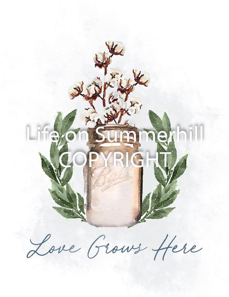 Fall decor free printale of a gold mason jar and cotton stems inside of the jar and Love Grows Here written on the bottom.