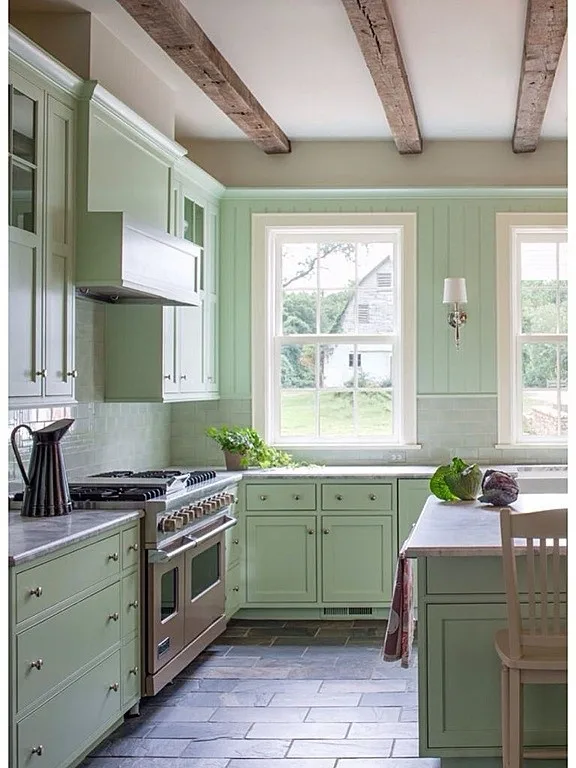 Benjamin Moore Color of the Year 2015 guilford green HC116 used in a kitchen on the cabinets