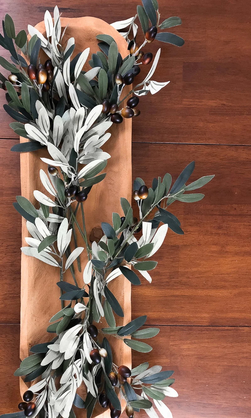 fall table decorations using dough bowl, and olive branches