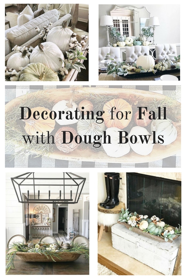 Decorating for the fall season with dough bowls, pumpkins, leaves, centerpiece