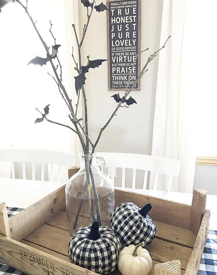 Classy country Halloween Decor from Farmhouse 165 in Wooden Crate with Glass Jug and Branches with Bats