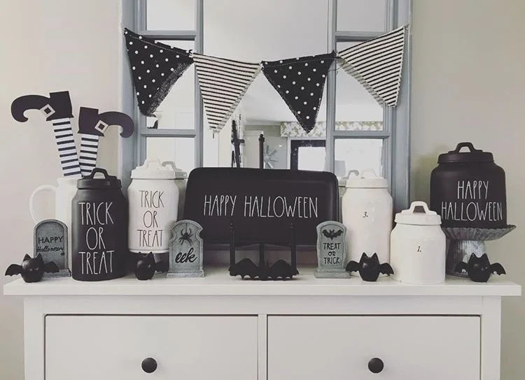 Classy country Halloween Decor from Mrs Goodsell Rae Dunn and Black & White