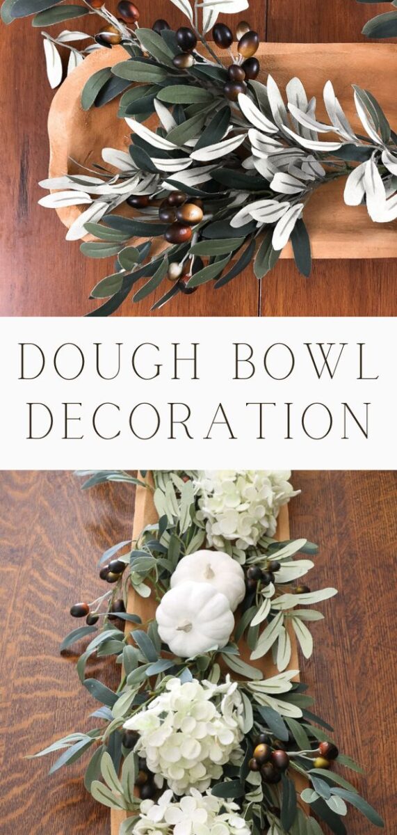 Dough bowl decoration using olive branches and white painted pumpkins