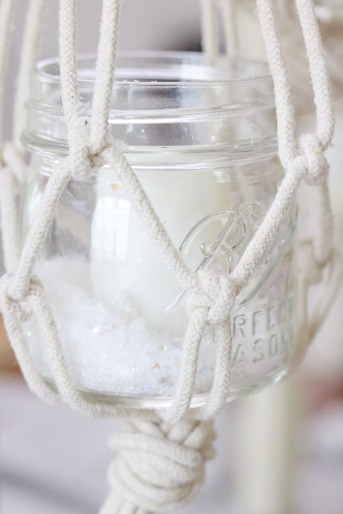 Christmas decor with mason jars macrame project craft with snow and candle