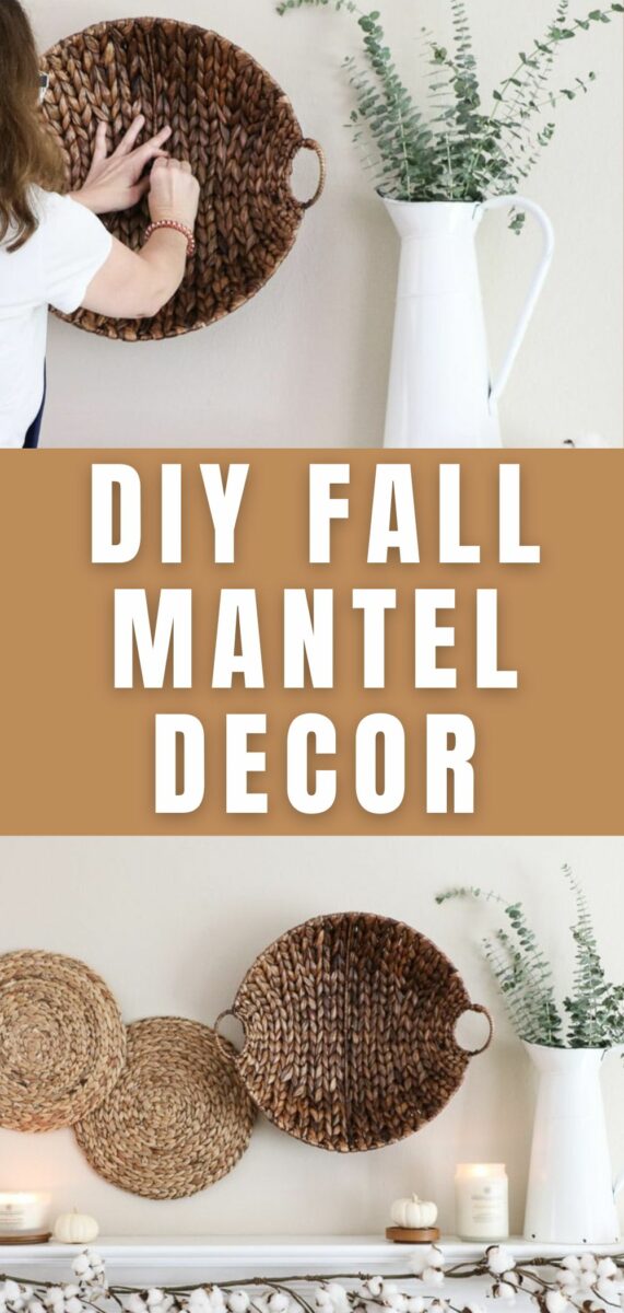 DIY fall mantel decor. Hanging baskets on the wall over a fireplace mantel