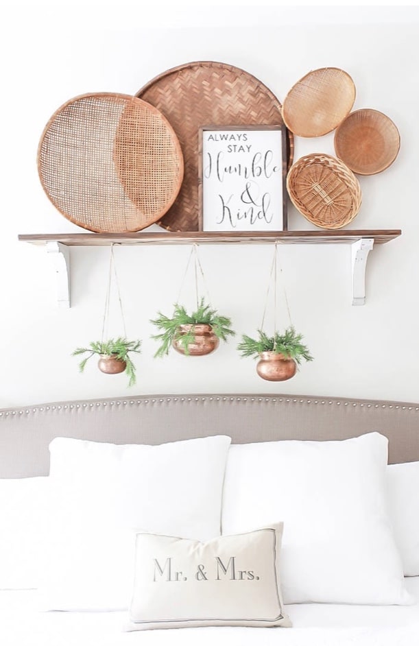 How to hang baskets on a wall by Beauty for Ashes an Inspired Home over headboard