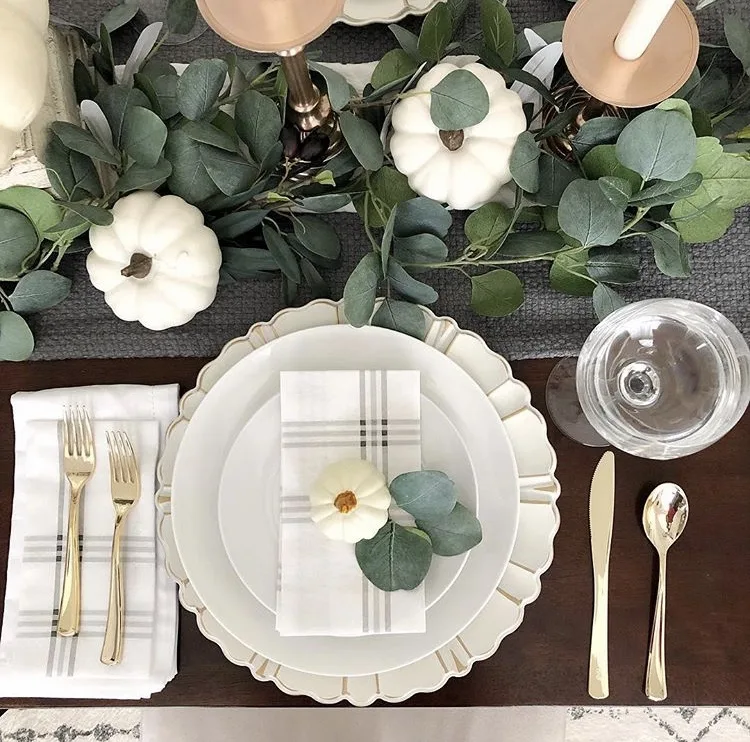 Thanksgiving Tablescapes by Husker Mamma with white pumpkins and eucalyptus 