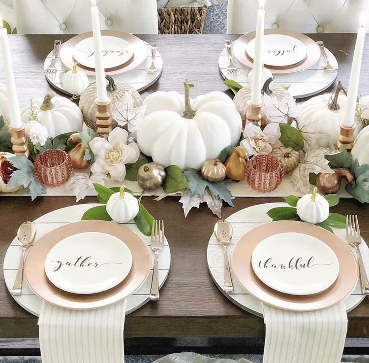 Thanksgiving Tablescapes by Taya DiCarlo with shiplap chargers and rose colored metals