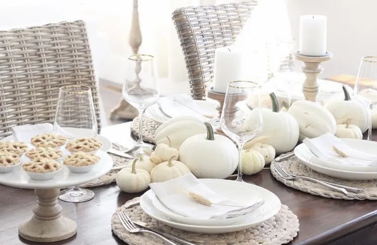 Thanksgiving Tablescapes by The Girl On Waverley with neutrals and white pumpkins and mini pies