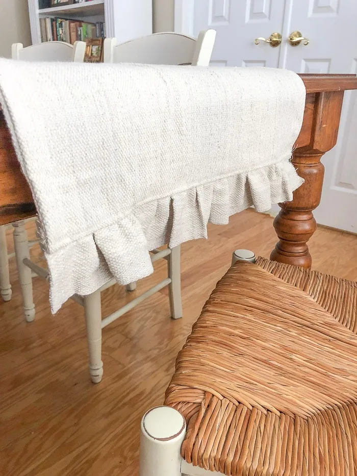 DIY painters canvas drop cloth ruffled table runner holiday. Finished product