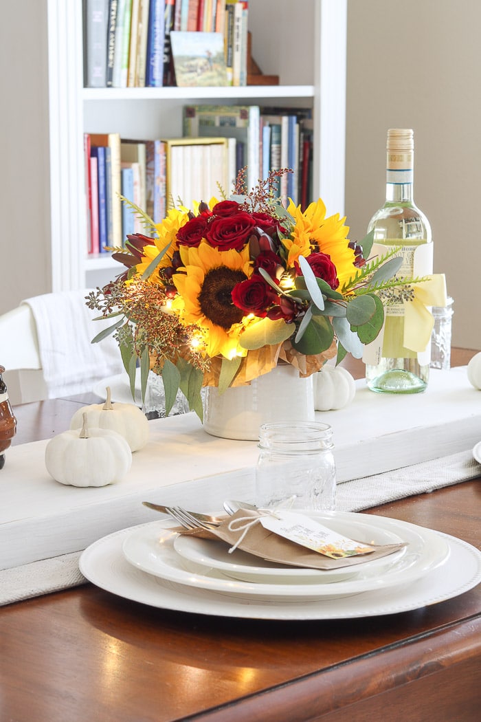 Thanksgiving centerpiece idea with fresh flowers and sunflowers