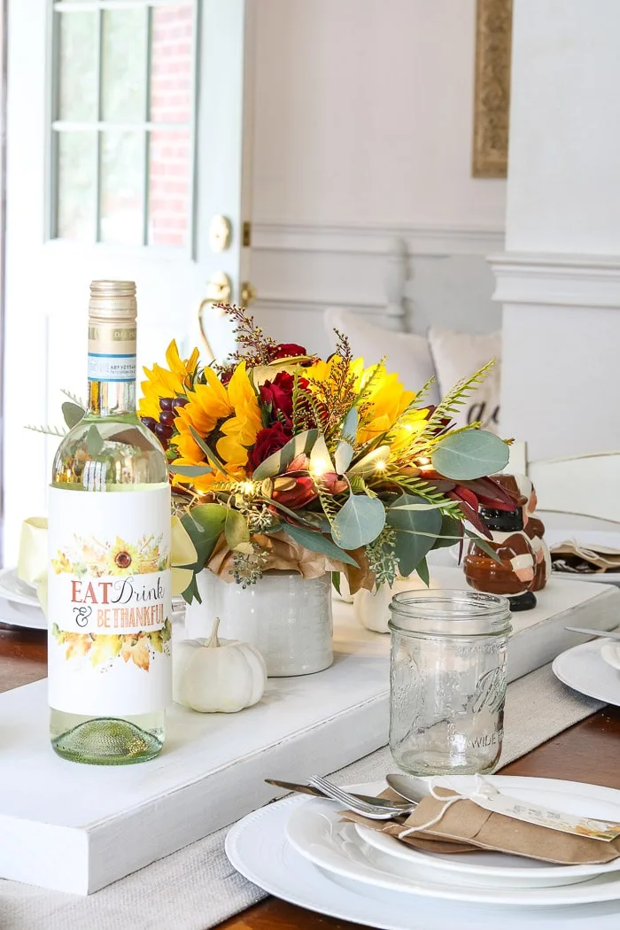 Thanksgiving table decorations DIY wine bottle wrap by The Polka Dot Press