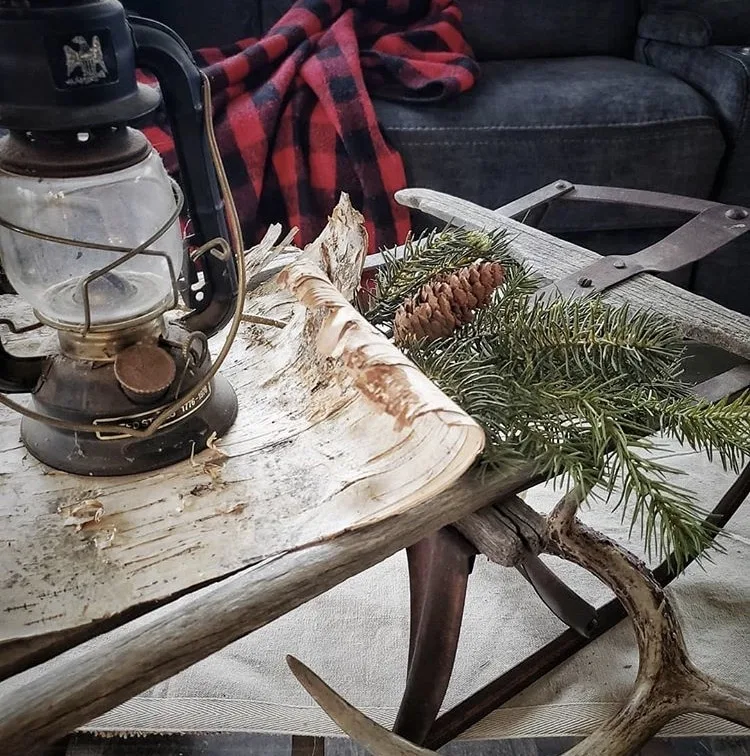 Primitive Christmas Decor by Farmhouse for 8 sled with lantern and pine