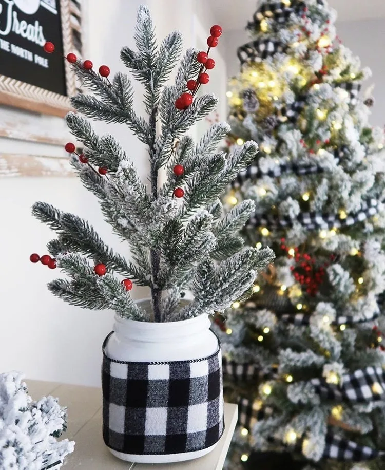 Mason Jar Christmas Decorations by Weekend Craft mini tree in jar with buffalo plaid ribbon